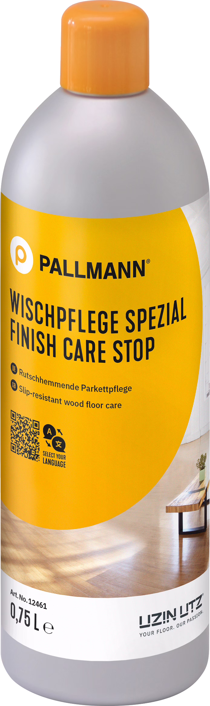 Bouteille en plastique Pallmann 'Finish Care Stop' pour entretien des parquets antidérapant, flacon gris et jaune avec bouchon orange, contenance 0,75 L, avec logo et étiquette produit.