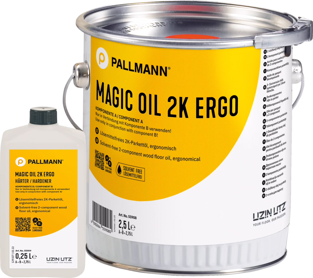 PALLMANN_dummy_Magic-Oil-2K-Ergo_2,75l_msl_2021-12 Gros plan de deux récipients de Pallmann Magic Oil 2K Ergo pour parquets : une grande boîte métallique de 2,5 L avec une étiquette jaune vif et une anse métallique, et un petit flacon plastique blanc avec bouchon noir indiqué 'Durcisseur / Composant B'. L'étiquette affiche la marque 'PALLMANN', le nom 'MAGIC OIL 2K ERGO', la mention 'sans solvant' et '2 composants', ainsi qu'un QR code et un code-barres. Fond blanc de studio, produit centré.