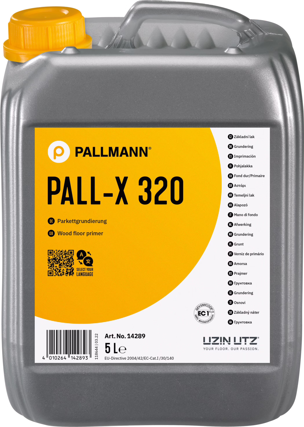 PALLMANN_dummy_Pall-X-320_5l_msl_2021-12 Front d'un bidon plastique argenté de 5 litres avec un bouchon à vis orange et une étiquette rectangulaire orange. L'étiquette affiche de manière proéminente la marque PALLMANN et le nom du produit PALL-X 320 en grandes lettres noires, et indique qu'il s'agit d'un primaire pour parquet. On voit le numéro d'article 14289, un code-barres, des descriptions multilingues sur le bord droit de l'étiquette, des pictogrammes de certification et le logo du fabricant UZIN UTZ. Le bidon possède une poignée intégrée sur le dessus et une surface légèrement texturée ; la photo montre l'emballage sur fond blanc en mettant l'accent sur les informations imprimées.