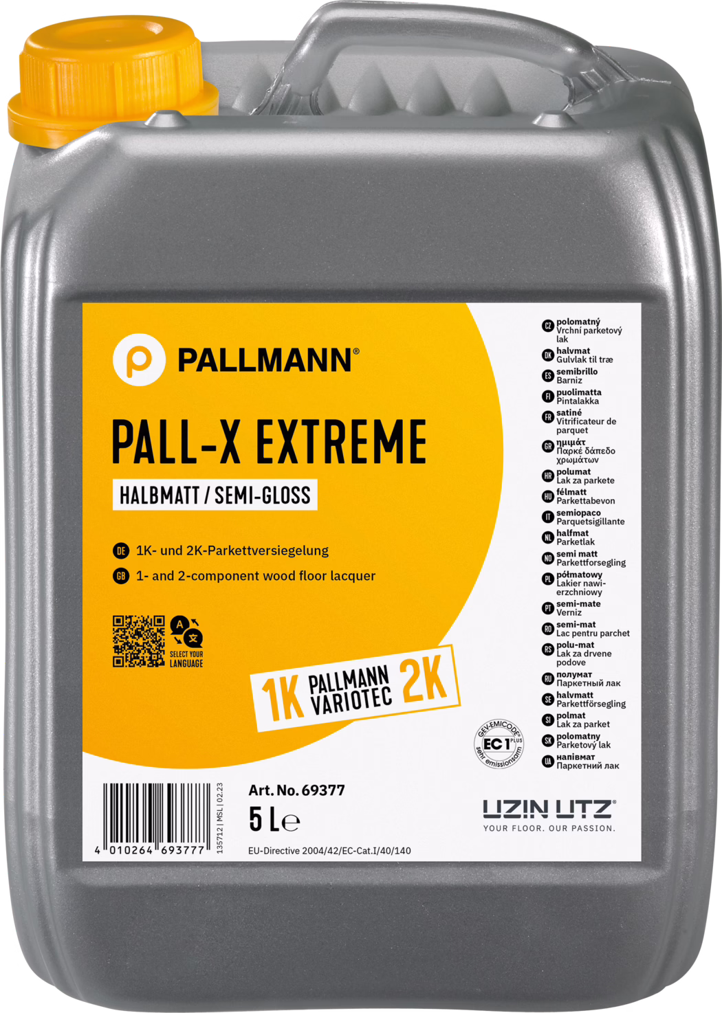 Bidon plastique gris de 5 litres avec étiquette orange‑jaune et bouchon jaune : Pallmann PALL‑X EXTREME vernis parquet semi‑brillant, compatible 1K/2K, fabriqué par Uzin Utz ; l'étiquette indique le nom, le fini, le volume et les instructions d'utilisation.