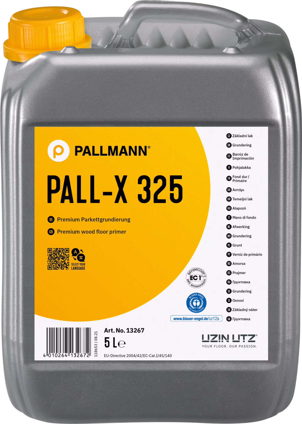 PALLMANN_dummy_Pall-X-325_5l_msl_2021-12 Un bidon en plastique gris de 5 litres avec une grande étiquette jaune indiquant 'PALL-X 325', primer pour parquet de la marque Pallmann ; bouchon orange et informations produit sur l'étiquette.