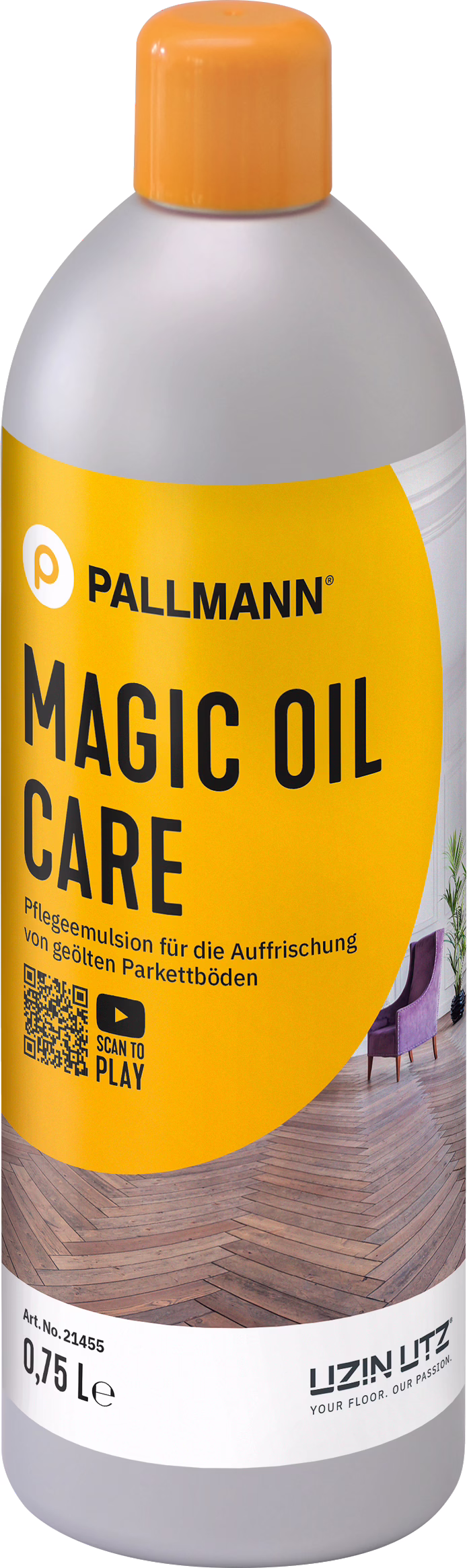 PALLMANN_dummy_MAGIC-OIL-CARE_0,75l_msl_2021-12 Photo d'une bouteille cylindrique en plastique de 0,75 L de la marque Pallmann intitulée 'Magic Oil Care'. Le corps de la bouteille est gris mat et le bouchon à vis est orange vif. Une grande étiquette jaune-orangée couvre l'avant, affichant le nom de la marque 'PALLMANN' et le nom du produit 'MAGIC OIL CARE' en lettres majuscules, ainsi que la mention allemande 'Pflegeemulsion für die Auffrischung von geölten Parkettböden'. L'étiquette présente également une image de parquet point de Hongrie, un fauteuil violet, un QR code avec l'icône 'Scan to play', le logo Uzin Utz, le n° d'article 21455 et la contenance 0,75 L. Le visuel met en avant le design de l'étiquette et suggère un produit d'entretien pour rafraîchir les parquets huilés.
