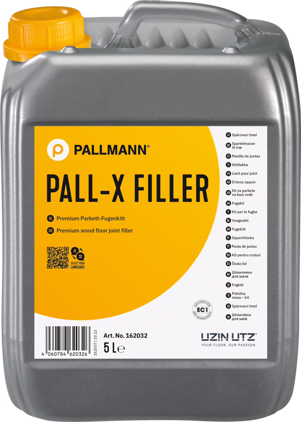 PALLMANN_dummy_Pall-X-Filler_5l_msl_2021-12 Bidon en plastique gris de 5 litres de la marque Pallmann pour le produit 'PALL‑X FILLER', mastic pour joints de parquet. Étiquette orange vif et bouchon à vis assorti. L'étiquette frontale affiche le logo PALLMANN, le nom du produit 'PALL‑X FILLER' en gros caractères, la mention indiquant un mastic premium pour joints de parquet, un code QR, un code-barres, le numéro d'article 162032 et la contenance '5 L'. Sur le côté droit de l'étiquette figurent des traductions du nom du produit en plusieurs langues. Le bidon possède une poignée moulée sur le dessus et une finition grise texturée, adapté aux travaux de réparation de sols en bois.