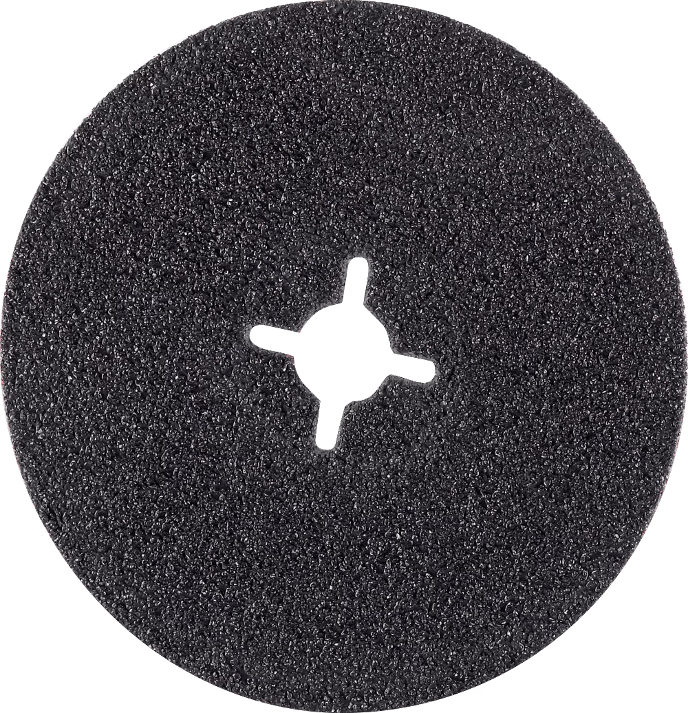 PALLMANN_dummy_silicium-carbid-velcro-disc-178mm-with-hole_msl_2021-12 Photo en gros plan d'un disque abrasif circulaire noir avec une surface rugueuse et granuleuse. Le disque est centré sur un fond blanc et présente une découpe centrale en forme d'étoile avec plusieurs ergots pour un montage rapide sur des adaptateurs d'outils oscillants ou rotatifs. Le revêtement abrasif couvre toute la face visible, produisant une texture rugueuse et légèrement réfléchissante; les bords sont réguliers et la pièce semble neuve et intacte.
