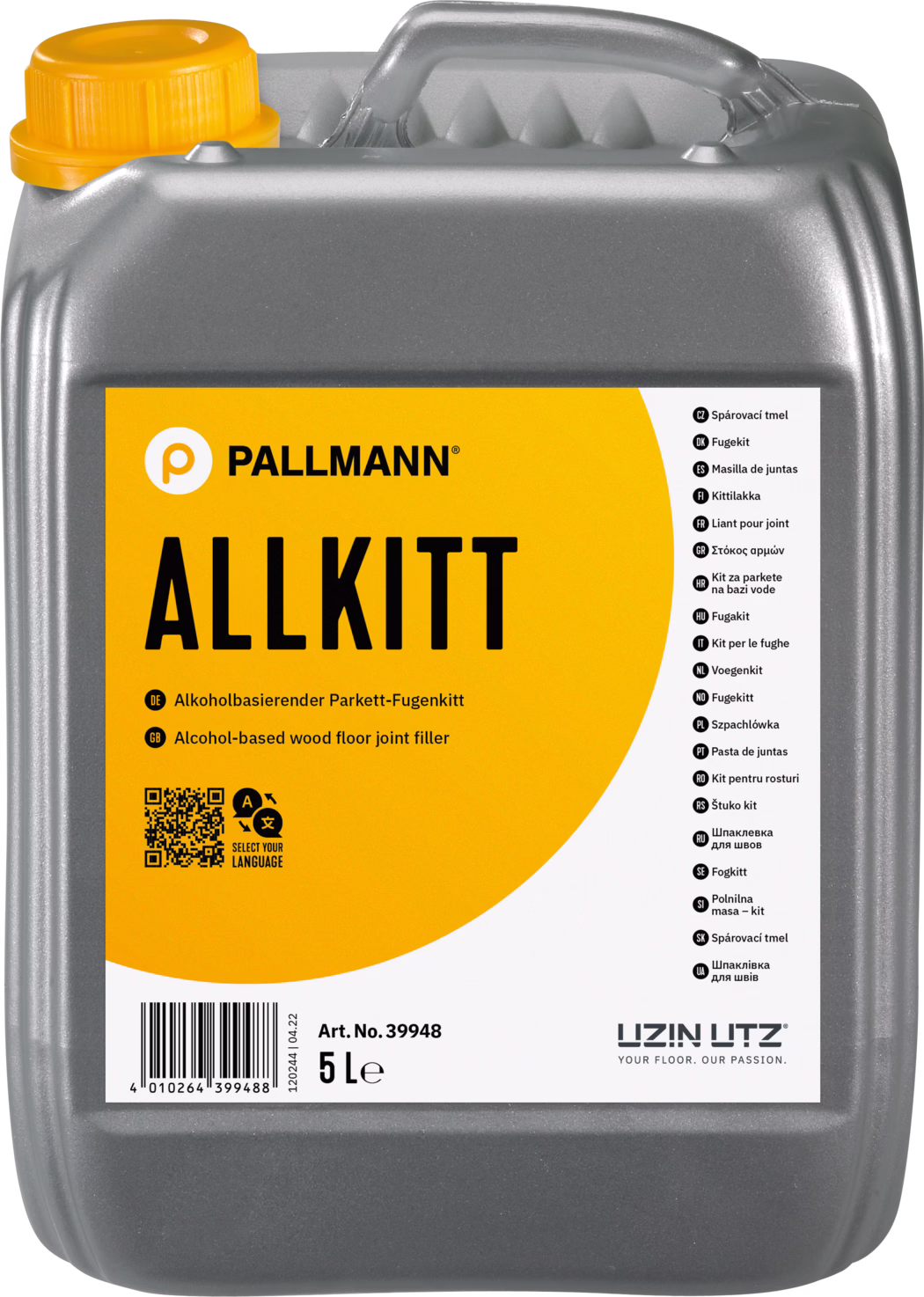 PALLMANN_dummy_Allkitt_5l_msl_2022-08 Un conteneur rectangulaire rempli d'un mastic à base d'alcool pour joints de parquet. Le produit est étiqueté 'ALLKITT' et appartient à la marque PALLMANN. L'étiquette présente un fond jaune vif avec du texte noir en gras. Sous le nom du produit, il y a des descriptions en plusieurs langues, y compris l'allemand et l'anglais. Un code-barres et un numéro d'article sont indiqués en bas de l'étiquette, ainsi qu'un code QR pour sélectionner les options de langue. Le conteneur a une finition grise avec un couvercle orange.
