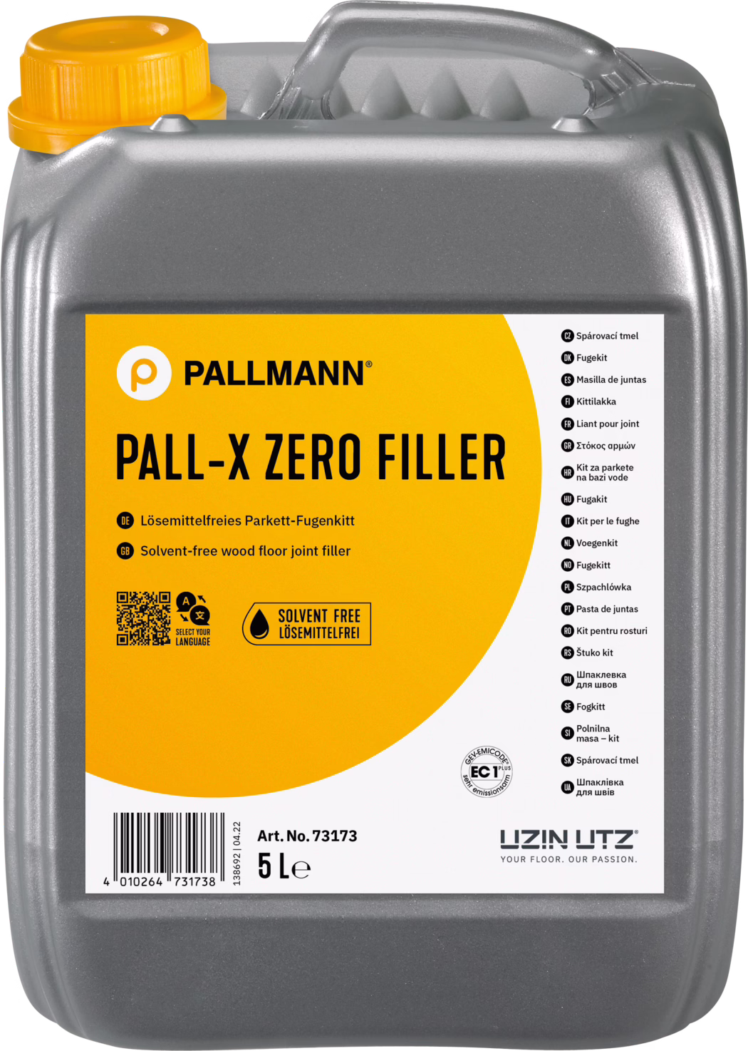 PALLMANN_dummy_Pall-X-Zero-Filler_5l_msl_2021-12 Photo d'un bidon en plastique gris de 5 litres de la marque Pallmann, produit 'PALL‑X ZERO FILLER'. Le récipient rectangulaire possède une poignée intégrée en haut et un bouchon à vis orange. Une grande étiquette orange sur le devant affiche le logo Pallmann, le nom du produit, la mention indiquant qu'il s'agit d'un mastic pour joints de parquet sans solvant, un pictogramme en forme de goutte avec la mention 'sans solvant'/'solvent free', un code QR et un code-barres, ainsi que des indications multilingues et le volume '5 L'. La surface du bidon est légèrement texturée et gris métallisé.