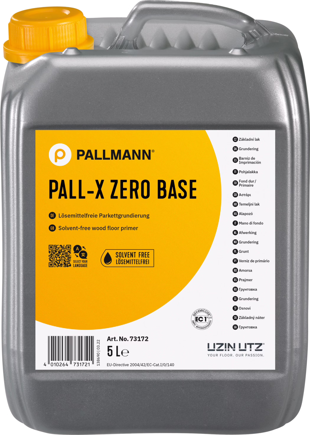 PALLMANN_dummy_Pall-X-Zero-Base_5l_msl_2021-12 Bidon en plastique gris de 5 litres Pallmann 'PALL-X ZERO BASE', apprêt pour sols en bois sans solvant avec une grande étiquette jaune, texte noir et bouchon orange.